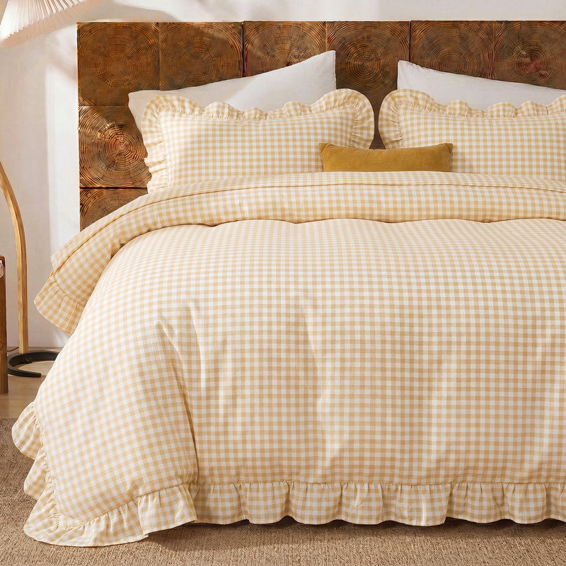 Ensemble de housse de couette en vichy jaune grand, ensemble de literie à volants 100% coton avec fermeture à glissière et attache de coin, literie en coton doux pour les filles
