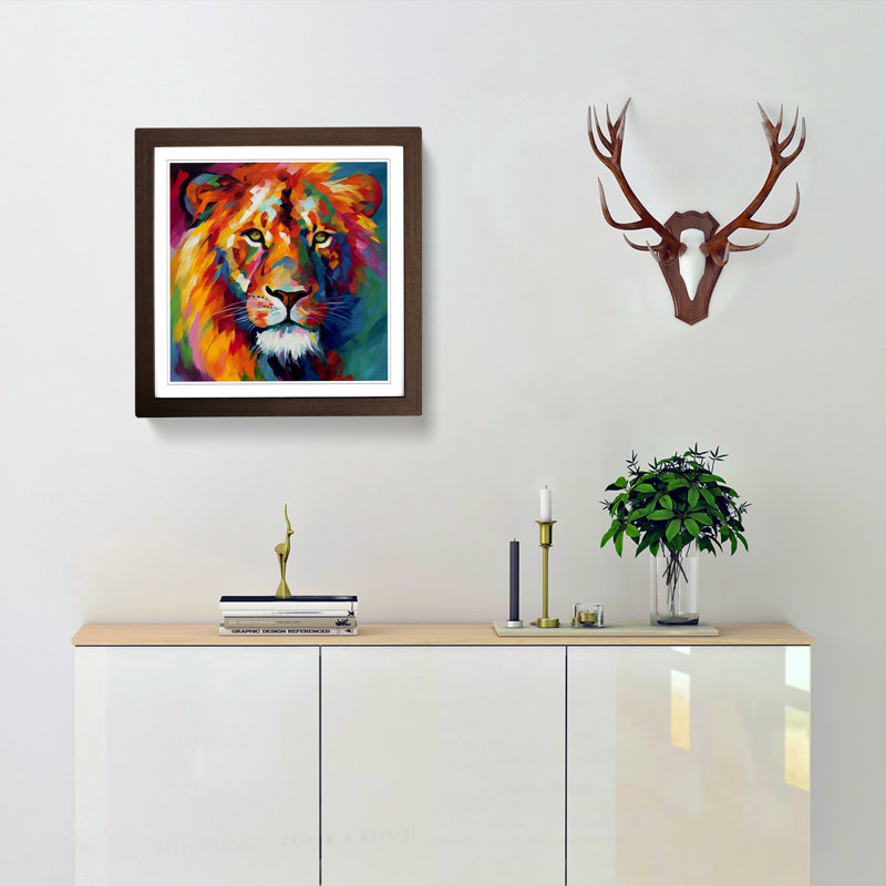 Lion Fauvism No.2 - Single Picture Frame Print on Wood, Walnut