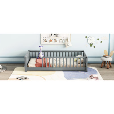 Lit simple au sol avec rangement pour livres, gris - pratique et charmante plateforme, Keen