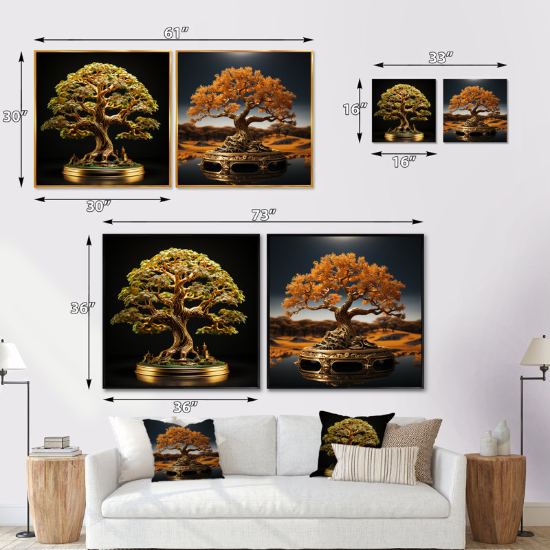 Bonsai Tree Tranquility Expression - Ensemble de 2 collages carrés Bonsai, Encadrement doré, H 16 po x l 33 po