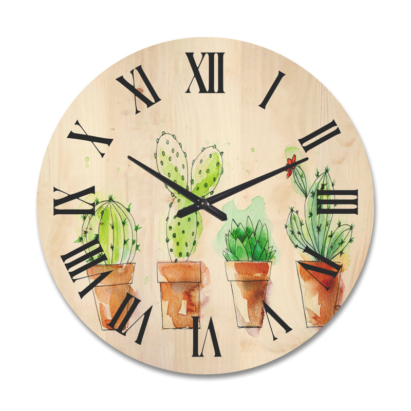 Cactus dans des pots en céramique aux tons doux I horloge murale, Très grand