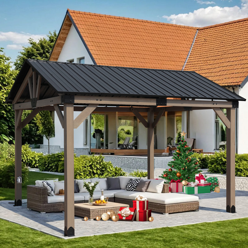 Aoodor 12' x 10' Wood Gazebo with Outlets, 114" H x 144" W x 120" D
