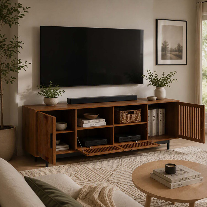 Meuble télé 78 pouces pour téléviseur de 85 po ou moins, meuble audio-vidéo avec gestion des câbles et charnières à fermeture en douceur