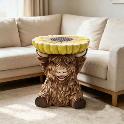 Charming 13'' Highland Cow Stool with Sunflower Top, Multi-Functional Farm Animal Decor for Indoor and Outdoor Use