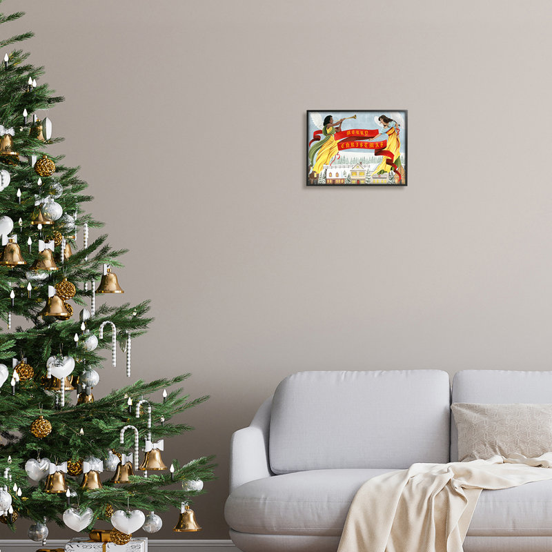 Bannière de Noël Herald Angels au-dessus de Wintery Town, impression numérique sur estampe numérique par Grace Popp
