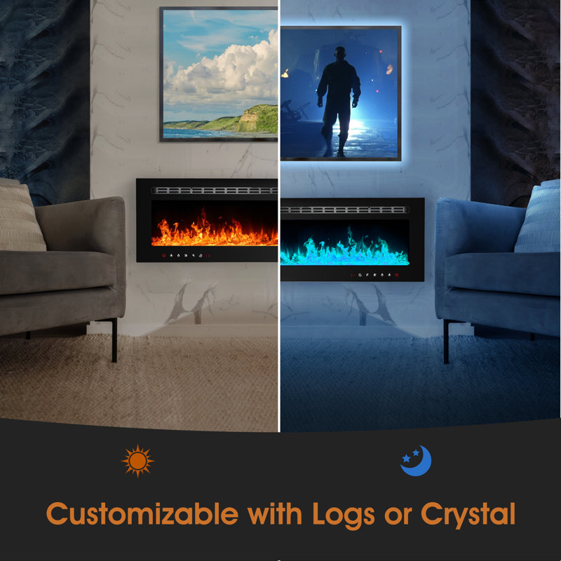 Electric Fireplace, Ultra-Thin Fireplace Recessed and Wall Mounted With Touch Screen Control Panel, 17" H x 60" W x 4.13" D