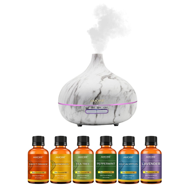 Ensemble de diffuseur ultrasonique d'huile d'aromathérapie en marbre avec huiles essentielles