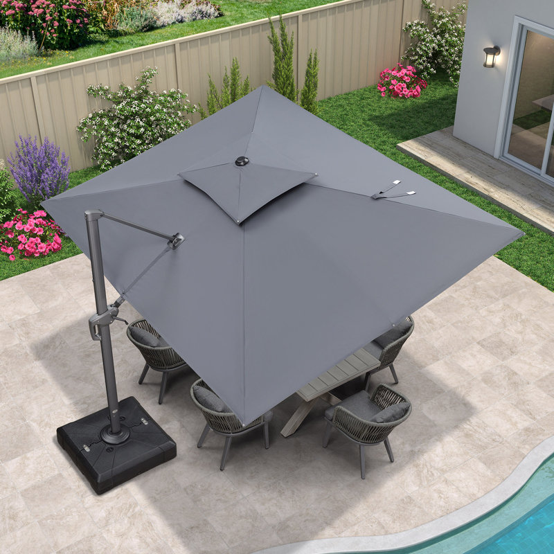 Parasol inclinable rectangulaire en porte-à-faux à double sommet 9 pi x 12 pi avec base et rotation à 360 ° Gertha, gris