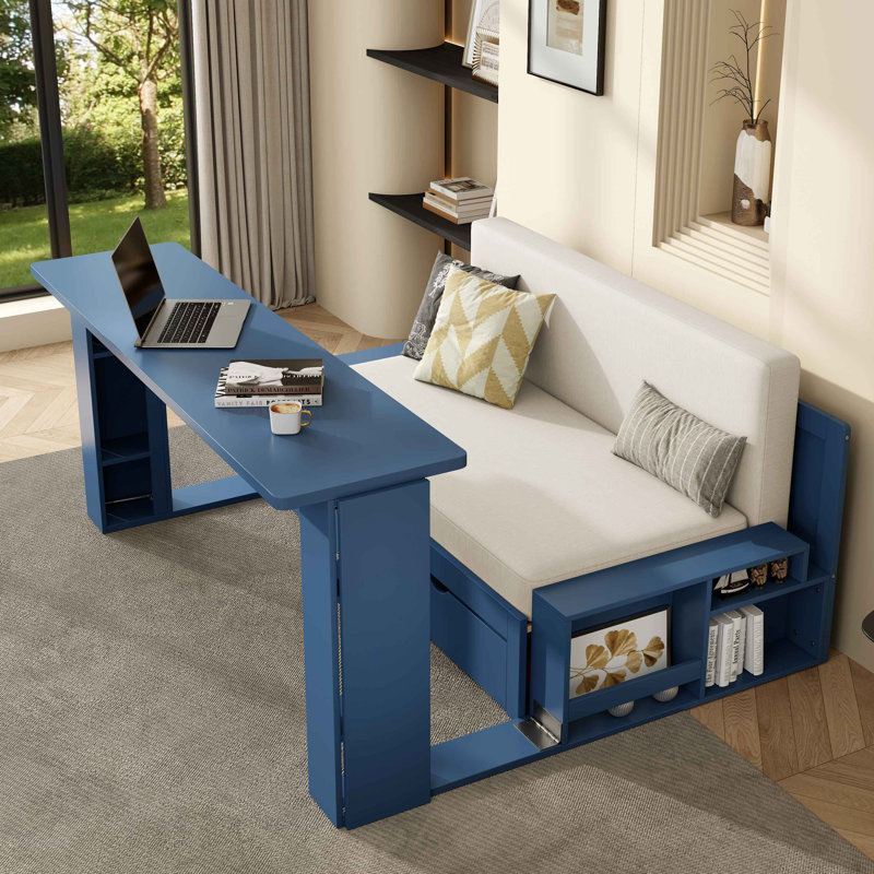Lit de jour avec bureau amovible, tiroirs de rangement et table d'appoint hydraulique, Bleu, Complet/Double