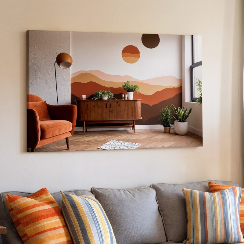 Toile une scène intérieure moderne avec un élégant buffet en bois contre un art mural, un mur texturé orné d'un grand art mural abstrait sur toile