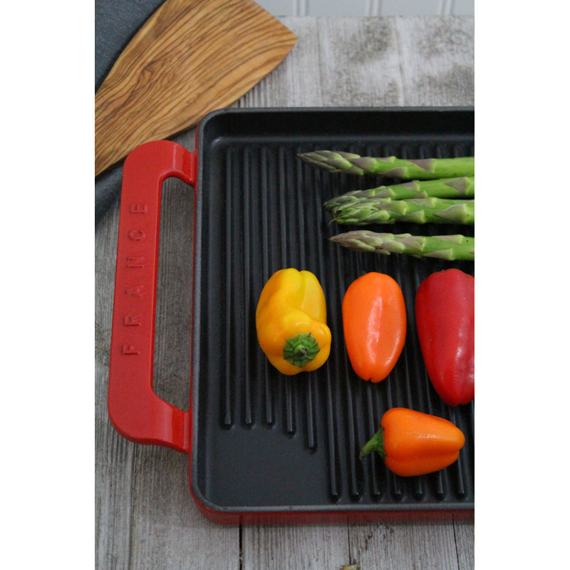 Chasseur 9.75'' Enameled Cast Iron Grill Pan / Griddle Set, Flame Red