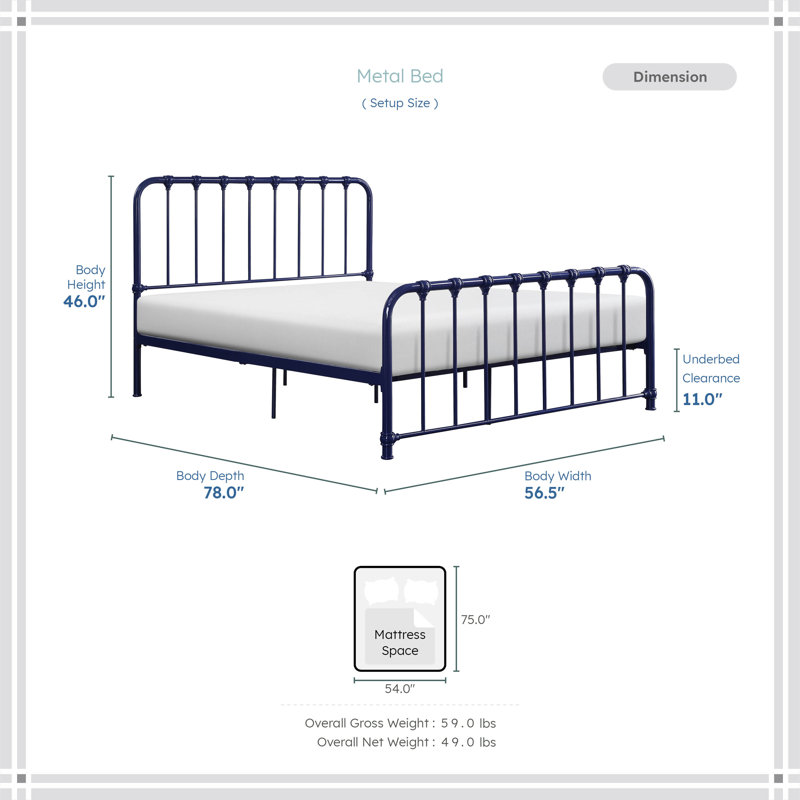 Anite Metal Platform Bed, Navy, Full