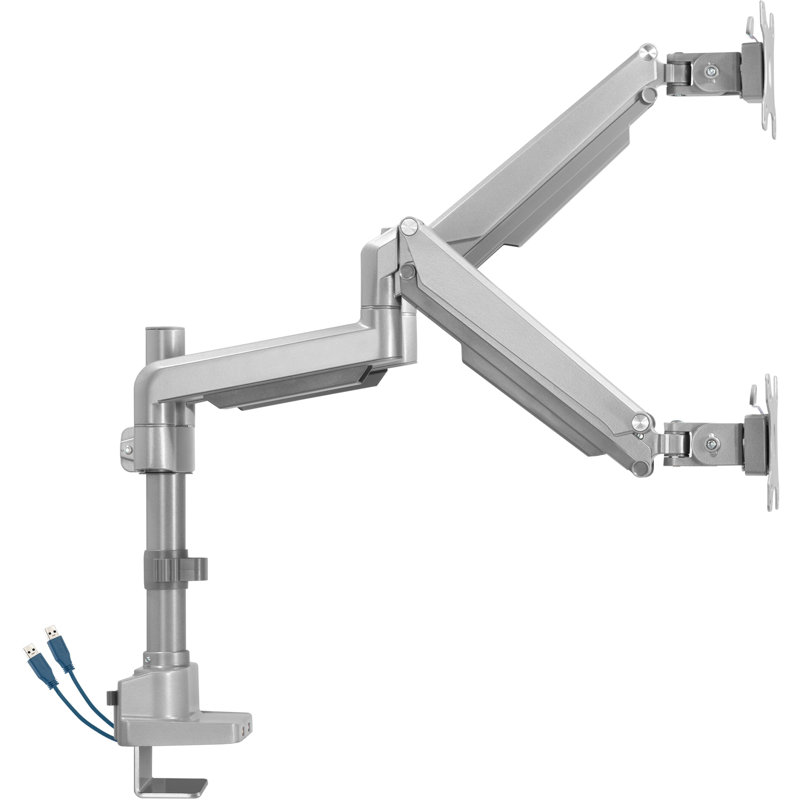 Gray Dual Monitor Arm with USB Ports and Adjustable Swivel