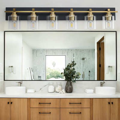 Applique murale de salle de bain noire et dorée à 6 lumières avec abat-jour en verre
