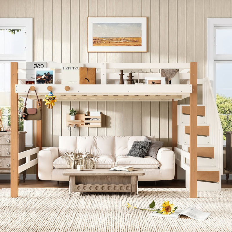 Full Wood Loft Bed with Storage Shelves & Clothes Hook, Space-Saving Kids Bed Frame with Under-Bed Room, Beige & Natural