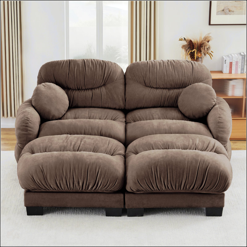 Pleated Design Cozy Chenille Fabric 2 Seater Modular Sofa with High-Density Ergonomic Foam, L Shape Sectional Couch, 2 Ottomans, and Round Armrests, Brown