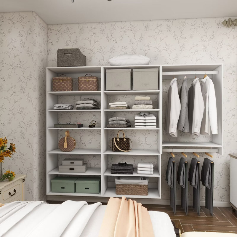 Système d'organisation modulaire blanc avec 2 tringles et 12 tablettes