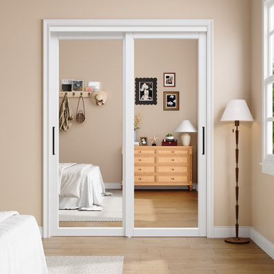 60"x 80" White 1-Panel Mirror Sliding Door with Hardware Kit And King Size Handles for Closet and No Assembly Required For Closet,Pantry,Living room
