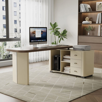 Bureau en bois manufacturé en L brun noyer + kaki avec 3 tiroirs