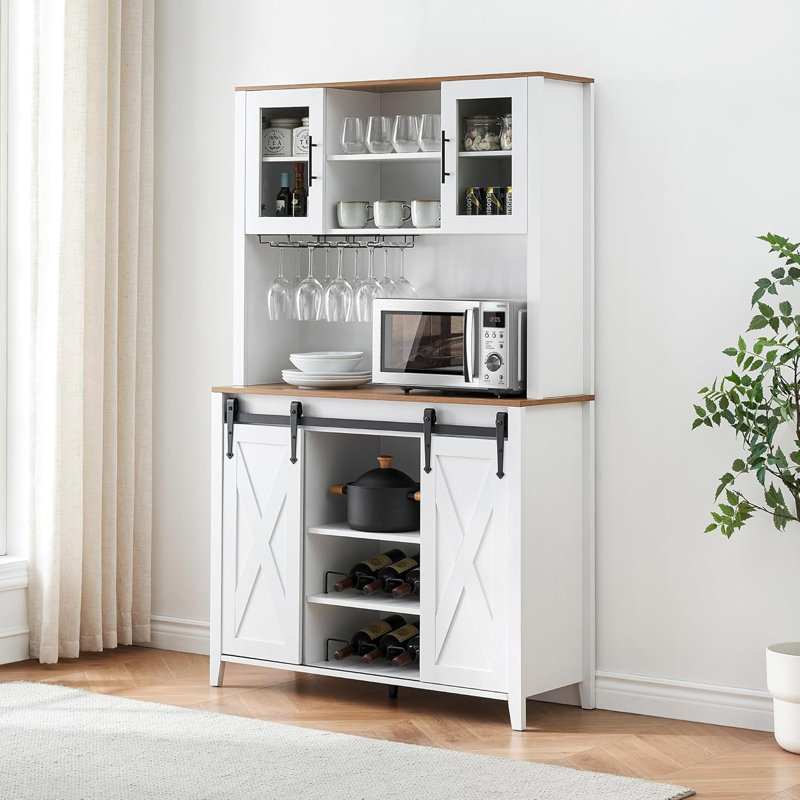 Farmhouse Coffee Bar Cabinet with Sliding Barn Doors, 70'' Tall Grey Hutch with Wine Rack & Stemware Slots, Kitchen Buffet Storage Cabinet with Adjustable Shelves for Dining Room, White
