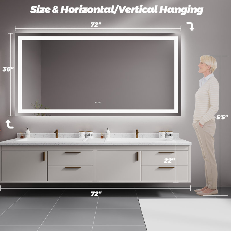 Dokes Frameless Anti-Fog LED Lighted Dimmable Wall Mounted Bathroom Vanity Mirror, 72" x 36"