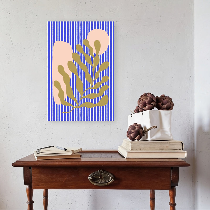 «Blue Stripe», reproduction botanique abstraite audacieuse de plante côtière contemporaine, 24" H x 16" W