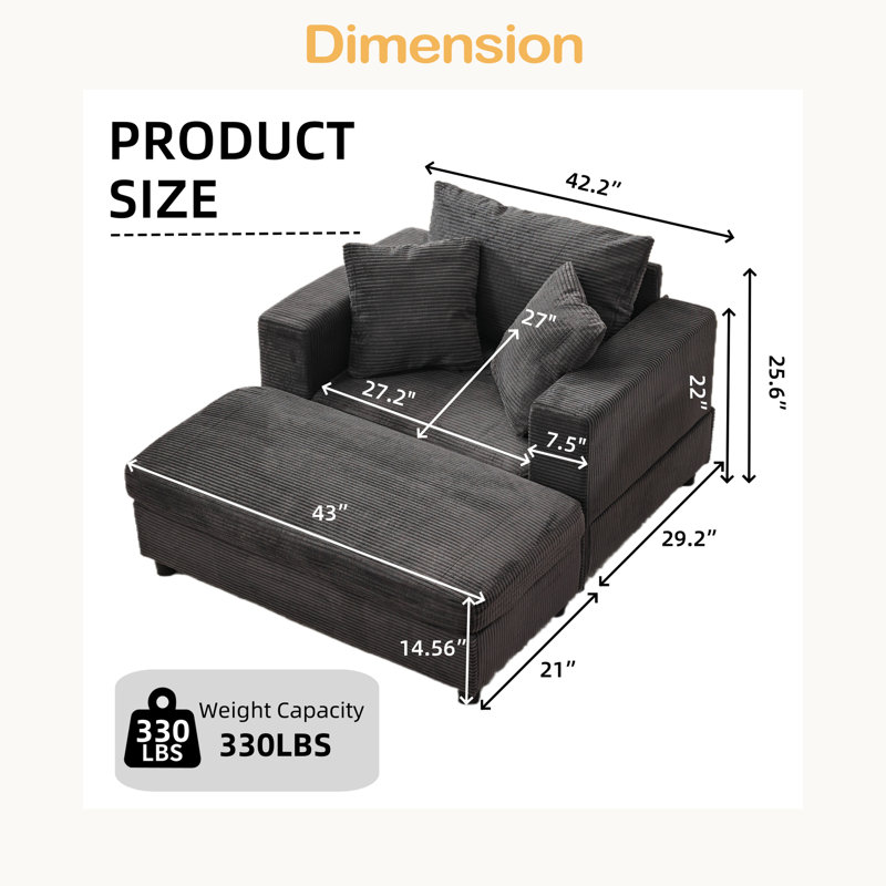 Chaise longue avec repose-pieds amovible et canapé-lit d'appoint rembourré avec coussins, fauteuil rembourré à assise profonde moderne
