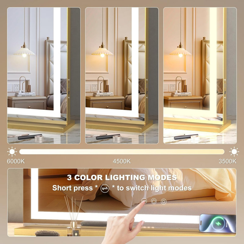 Miroir de maquillage lumineux 23 po x 18 po à DEL avec 3 modes de couleurs à intensité variable, contrôle à écran tactile, fixation murale ou de table, carré doré