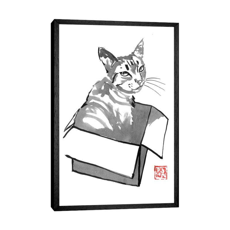 Cat in Box 1 Piece Painting on Canvas, 66.04 cm H x 45.72 cm W, Black Framed