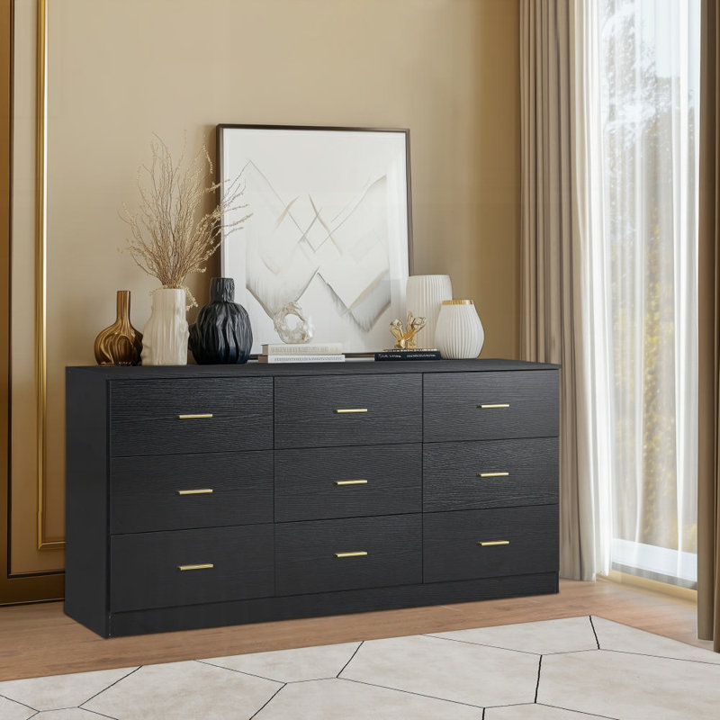 Commode moderne à 9 tiroirs avec poignées dorées et fabrication durable pour une utilisation polyvalente à la maison, Noir