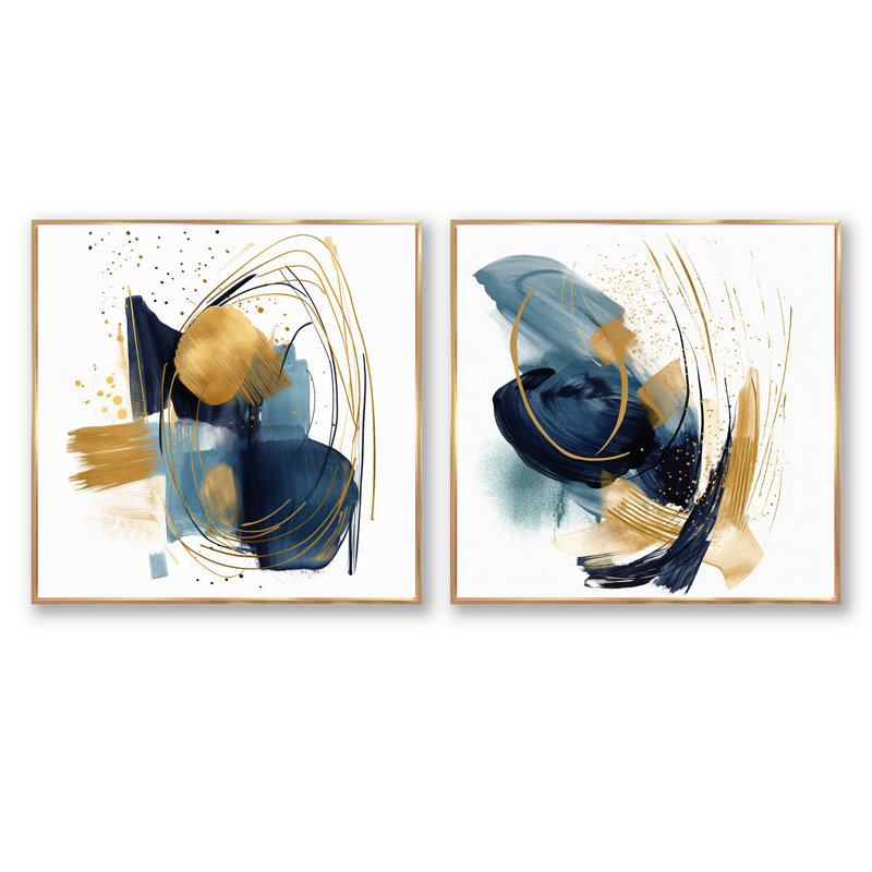 Charlize - Ensemble de 2 collages carrés géométriques modernes, Cadre flottant doré, H 30 po x l 61 po