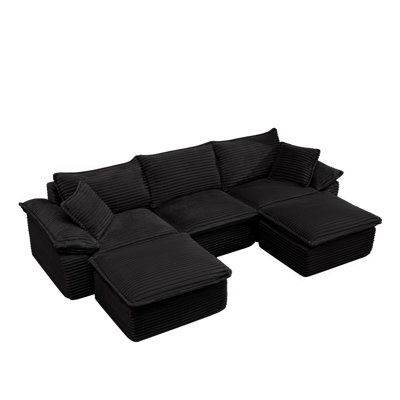 113" Sectional Sofa - U-Shape Sofa-Oversized Corduroy Cloud Couch With Movable Ottoman Soft Modern Comfy And No Assembly Sofa Set For Living Room Apartment Office, Black