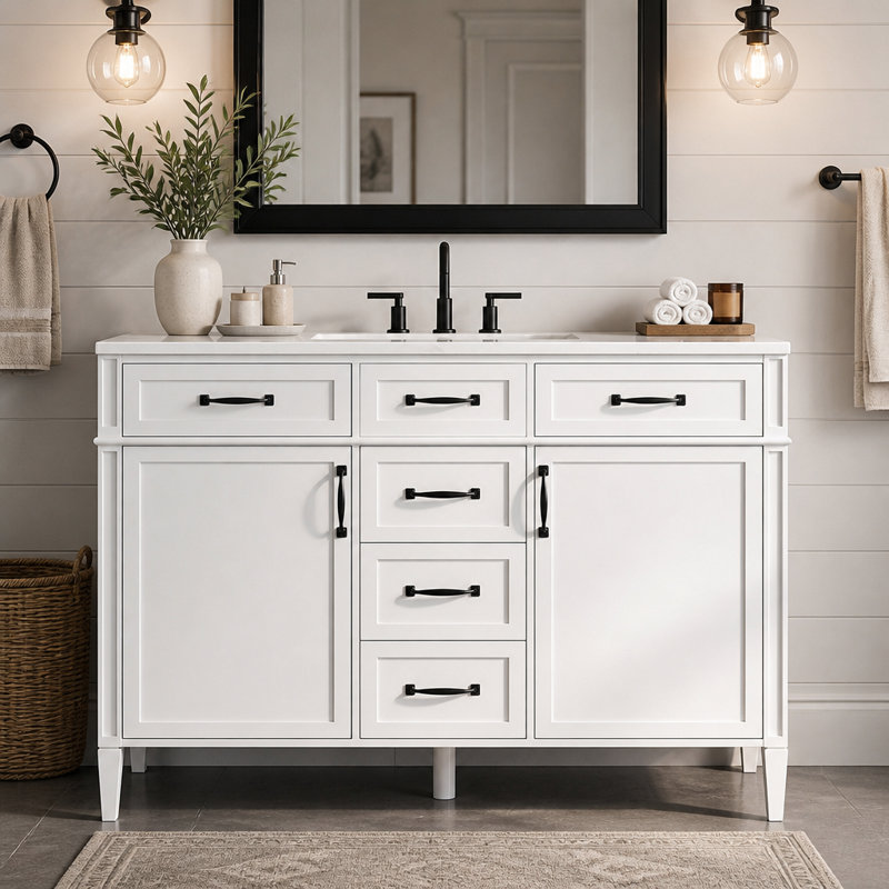 Meuble-lavabo autoportant de 122 cm (48 po) avec lavabo composite, 4 tiroirs, 2 portes et étagères réglables, Blanc