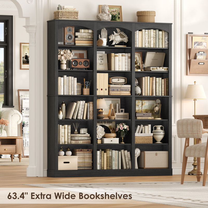 Huckins 71.2" H X 63.4" W Standard Bookcase With Adjustable Shelves, Wood Storage Bookshelves, Dark Gray