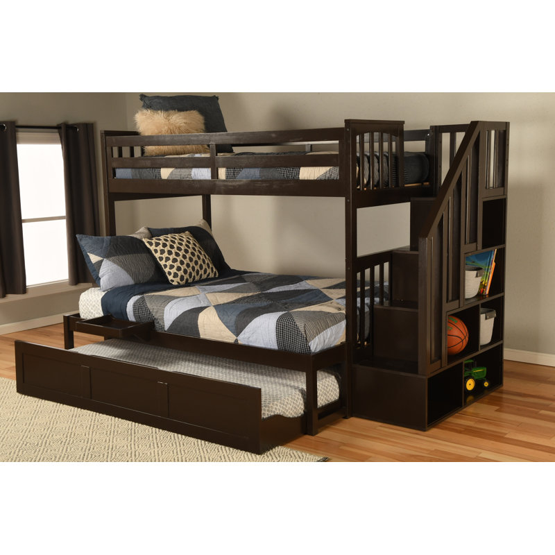 Lit superposé HuneyCutt avec couchette et plateau en chocolat noir, matelas non inclus, Simple sur double, gris