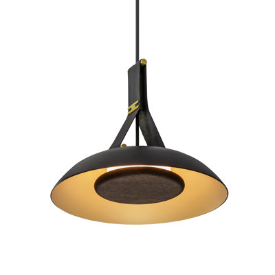 Luminaire suspendu Volo 14, extérieur noir - abat-jour noir - accents laiton brossé, cuir noir, disque en noyer teint foncé - 3 000 K - DEL intégrée