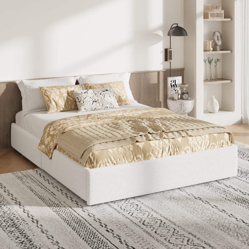 Modern Teddy Bouclé Platform Storage Bed With 4 Locking Drawers, No Box Spring Needed, Full