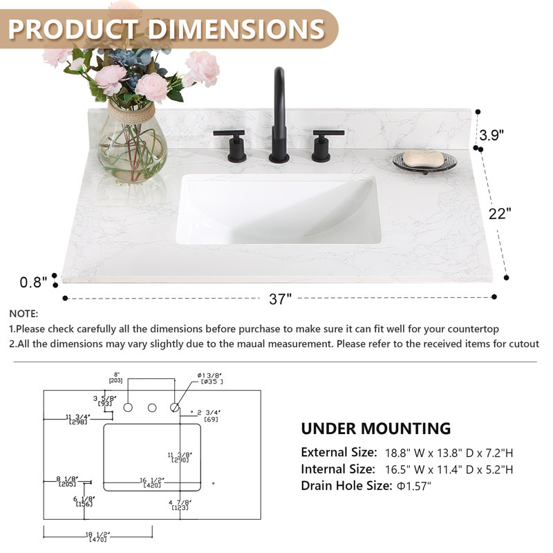 Ceres 37" Grain White Engineered Stone Vanity Top with Sink