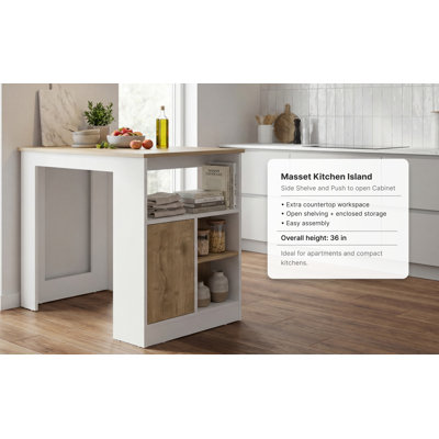 Masset Kitchen Island with Side Shelves and Push-to-Open Cabinet, Kitchen
