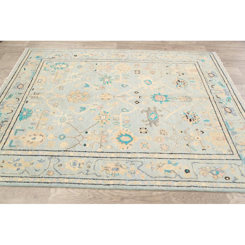 Tapis unique en laine noué à la main Oushak nouvel âge de 5 pi 1 po x 6 pi 6 po bleu
