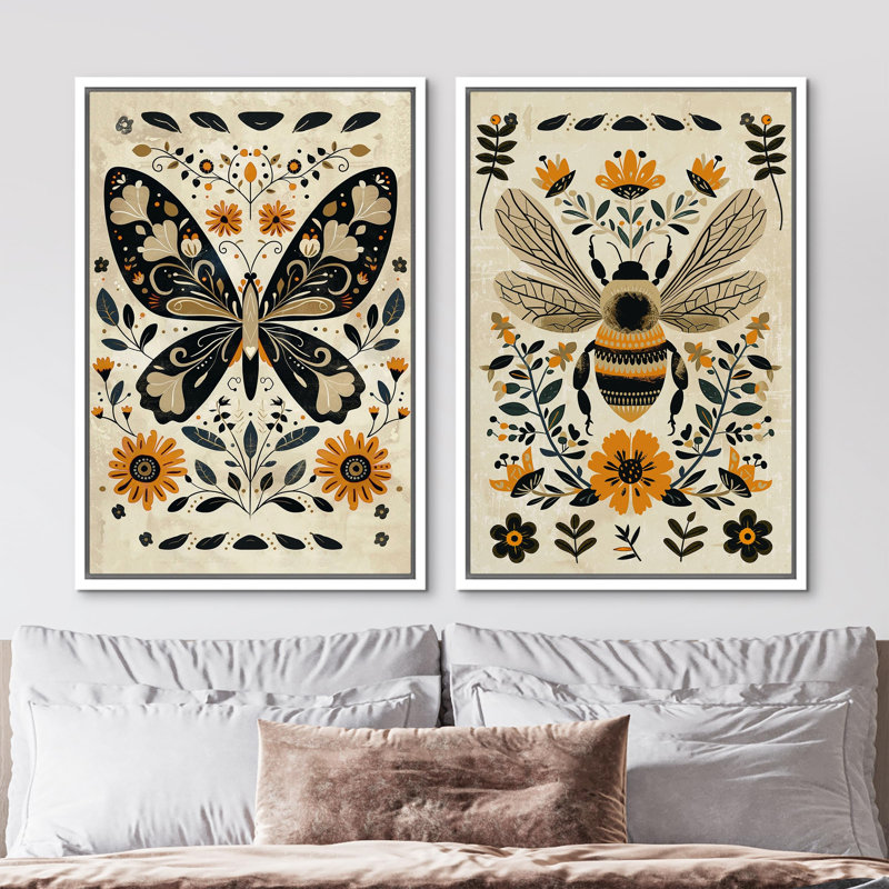 Butterfly Bee Animal And Boho Floral Botanical Decor Wall Art Framed 2 Piece Canvas Print, White Framed, 24'' H x 36'' W