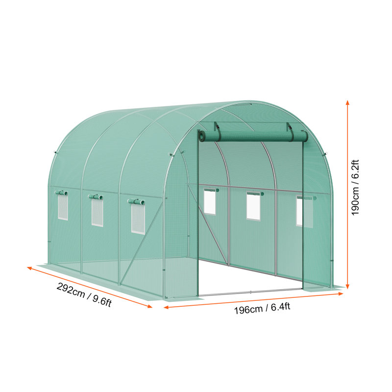 Walk-in Tunnel Greenhouse 9.58x6.43x6.23ft Galvanized Frame PE Cover Green, 74.4" H x 115.2" W x 76.8" D , Green