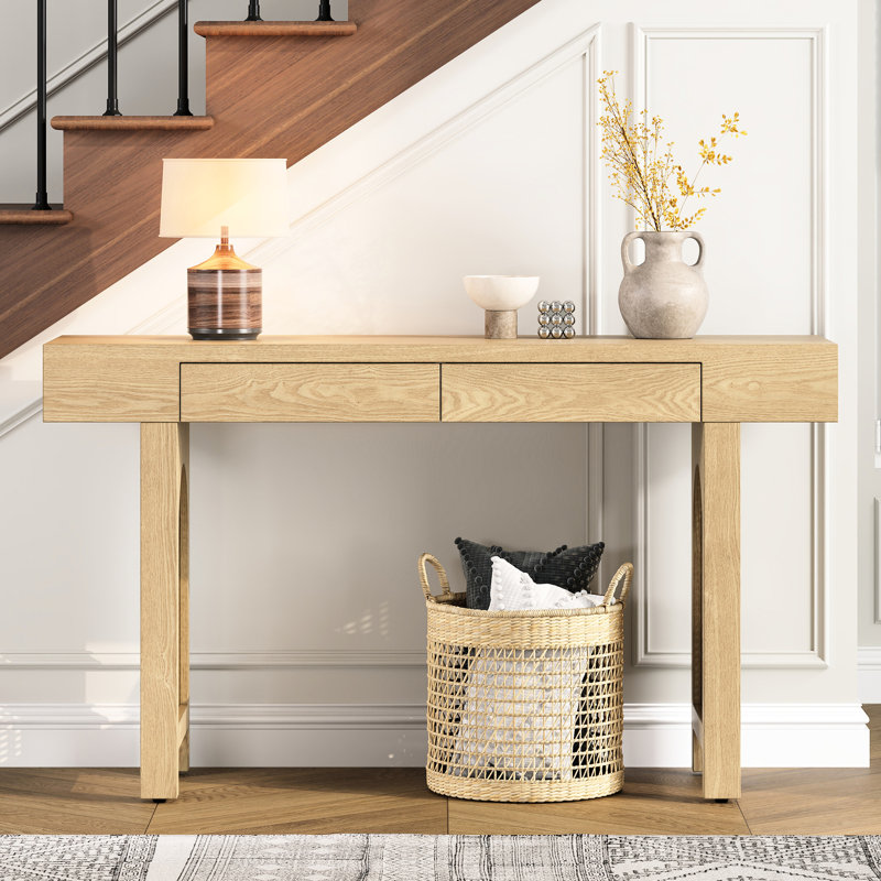Table de salon étroite avec finition en bois naturel et console de rangement pratique, système pratique