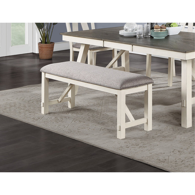 Stylish And Functional Dining Room Bench With Grey Fabric Cushion Seat And Unique Frame Back