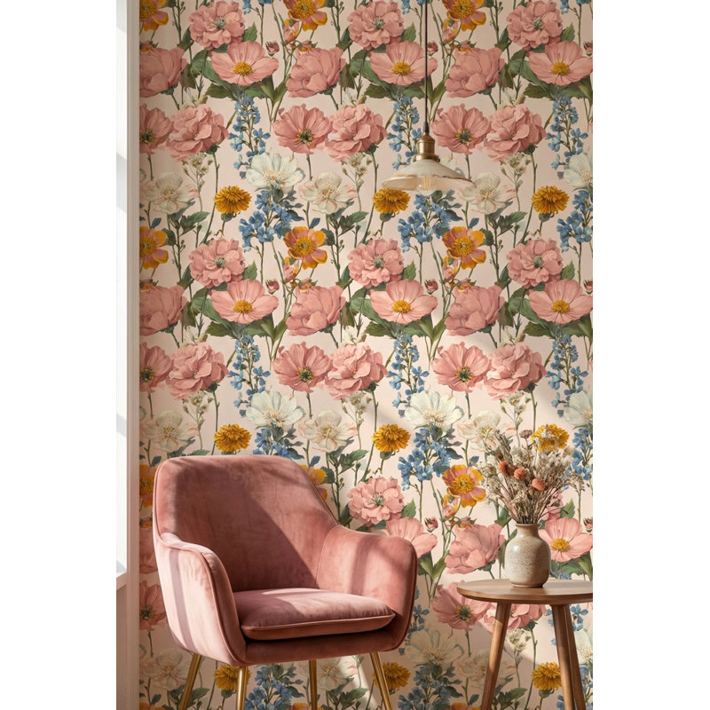 Panneau mural rétro amovible floral traditionnel, Peler et coller