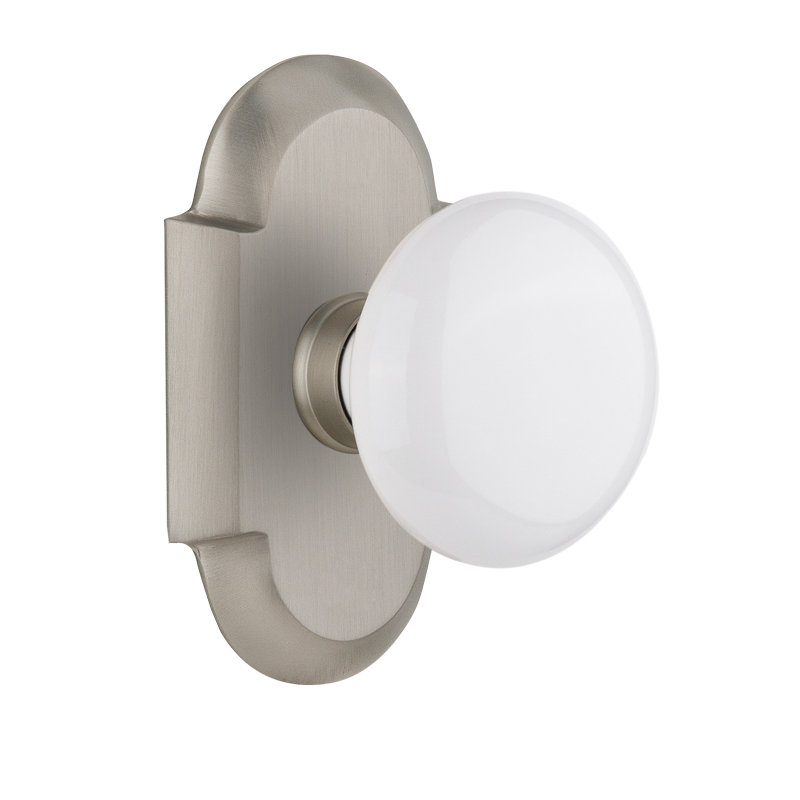Plaque Cottage avec bouton de porte en porcelaine blanche, Nickel satiné