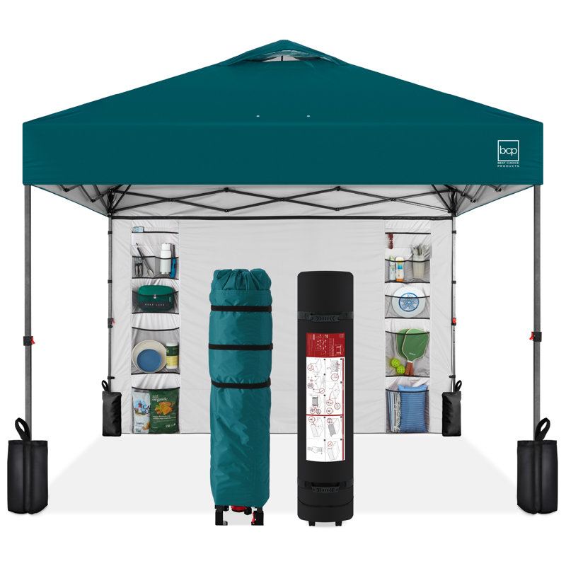 10X10ft Easy Setup Pop Up Canopy, Portable Tent W/ Side Wall, 1-Button Push, Case, Blue