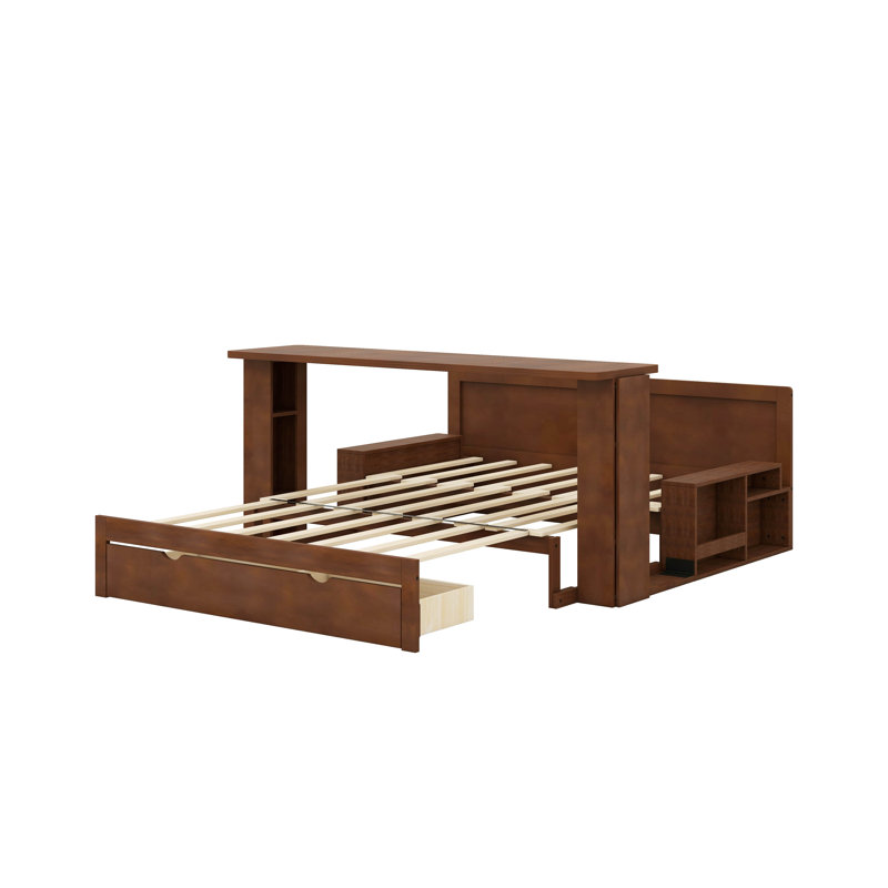 Grand lit de jour avec bureau, tiroirs de rangement et table d'appoint hydraulique, Grand lit, Espresso