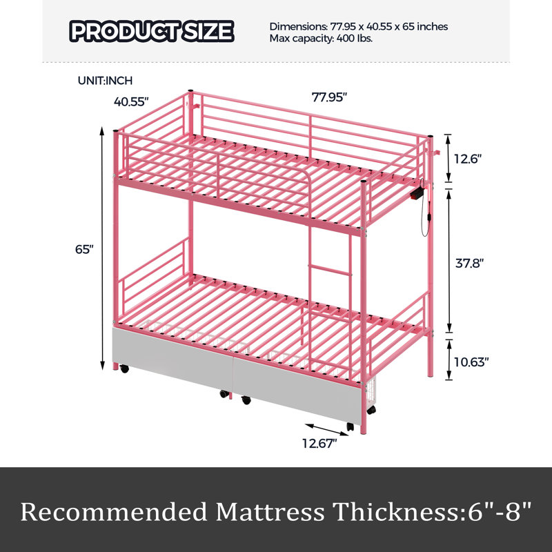 Bunk Bed With USB Charging Station, Able To Split, Twin Over Twin, Pink