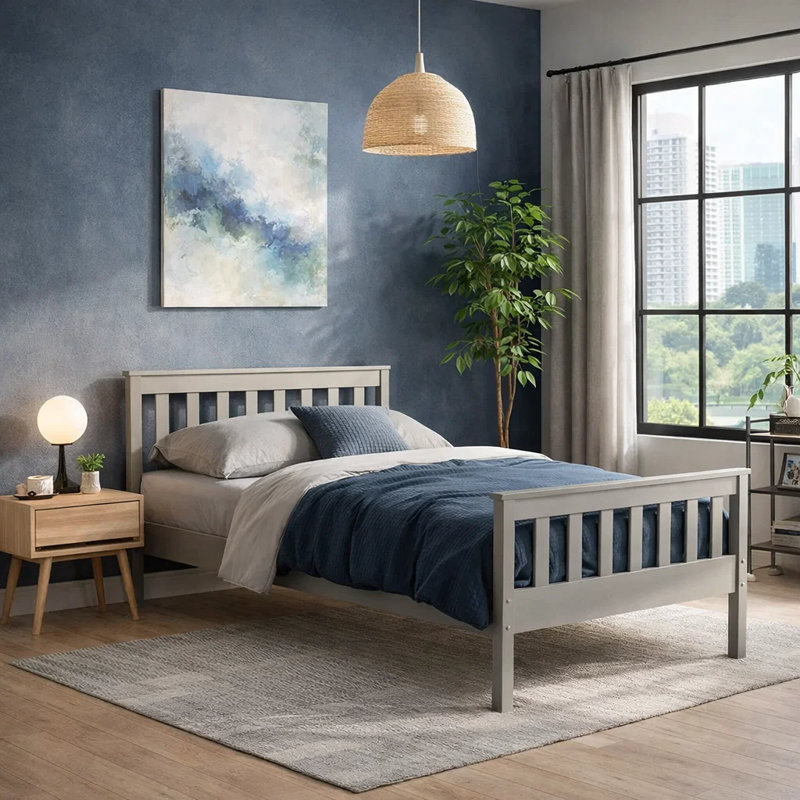 Lit plateforme 32 po en pin massif avec support à lattes Modern, gris